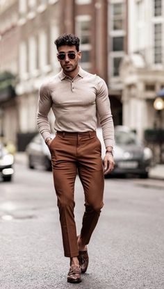 Terracotta Trousers Outfit, Chocolate Brown Shirt Outfit Men, Brown Dress Pants Outfit Mens, Brown And Tan Outfits Men, Brown Formal Outfit Men, Camisa Cafe Hombre Outfit, Brown Pants Outfit Men, Mens Fashion Classy Gentleman Style, Smart Casual Menswear