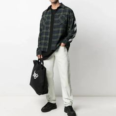 Off-White Green And Blue Check Long Sleeves Shirt With Buttons Up Closure. Double Front Pockets, Diagonal Sleeve Detail And Spread Collar. White Cotton Flannel Shirt For Spring, Off White Flannel, Shirt With Buttons, Red And Black Flannel, Grey Trench Coat, Adidas Track Suit, Red Flannel, Long Sleeve Flannel, Bowling Shirts