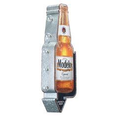 a beer bottle hanging from a metal hook