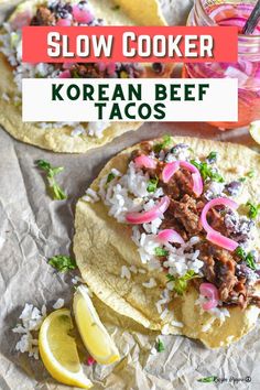 slow cooker korean beef tacos with onions and cilantro on the side