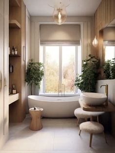 a bathroom with a tub, sink and window