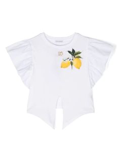 Dolce & Gabbana Kids Italian Holiday ruffled-sleeve T-shirt - Farfetch White Ruffled Crew Neck T-shirt, White Ruffled Short Sleeve T-shirt, White Ruffled T-shirt For Summer, White Lemon Print T-shirt For Summer, White Short Sleeve T-shirt With Lemon Print, White Crew Neck T-shirt With Lemon Print, White Short Sleeve Top With Lemon Print, Cotton Illustration, Italian Holiday