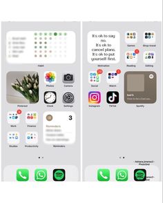 an iphone screen with several different icons and texting on the back, along with two separate screens