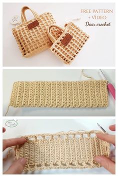 the crocheted purse is being made with yarn and thread, while another photo shows it