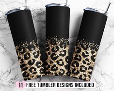 three black and gold leopard print tumblers with the words free tumbler designs included