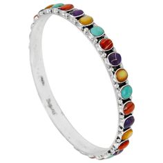 PRICES MAY VARY. 925 Sterling Silver (Solid) Genuine Turquoise, Coral, Mother of Pearl, Purple Turquoise (with natural turquoise that has been treated and color-enhanced). Color/shade/matrix will vary due to the nature of these materials. 1/4" wide. Fits most average wrist sizes 6.5" to 7.5" Premium Quality | Imported Gorgeous bangle bracelet for everyday wear or that super special occasion. Solid Sterling Silver (925) & genuine gemstones. Quality craftsmanship.Trendy but with a touch of Southwe Gemstone Bangle Bracelets, Pearl Purple, Gemstone Bangle, Silver Bangle Bracelet, Sterling Silver Bangle Bracelets, Purple Turquoise, Sterling Bracelets, Sterling Silver Bangle, Silver Bangle Bracelets