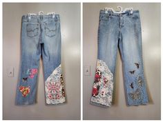 two pictures of the same pair of jeans with patches and flowers on them, one is blue