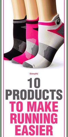 three pairs of socks with the words 10 products to make running easier