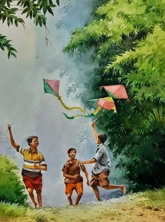 three children running down a path with kites in the air above their heads and trees behind them