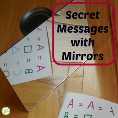 the words secret messages with mirrors are shown on top of two pieces of paper that have been cut out