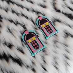 "Thanks so much for the rad pic @theheftyhideaway <3 These rad af Jukebox Earrings are super colorful, and are an awesome statement piece for any outfit! They were designed digitally by BC, then laser cut with many colors of 1/8 of an inch thick acrylic. The pendants were attached to a lightweight layer of 1/16\" black acrylic for extra durability while remaining lightweight. Each pendant was then added securely to a silver hypoallergenic earring hook. From top of earring post to bottom of pe Retro Rectangular Earrings For Gift, Retro Dangle Earrings, Retro Multicolor Earrings With Ear Wire, Handmade Retro Pink Earrings, Pink Retro Earrings For Gift, Retro Adjustable Pink Earrings, Satanic Jewelry, Pretty Snakes, Laser Cut Jewelry