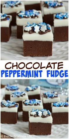 chocolate peppermint fudge cake with white frosting and blue sprinkles