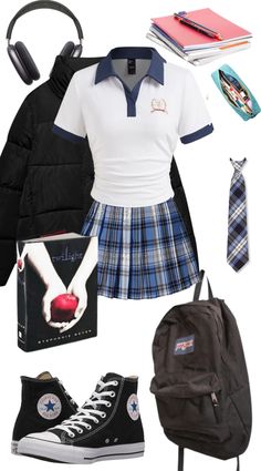 school Outfit | ShopLook Digital Crown, Zipper Pencil Case, Twilight Book, High Waisted Pleated Skirt, Puffer Jacket Women, School Fits, Outfit Maker, Outfit Shoplook, Converse High Tops