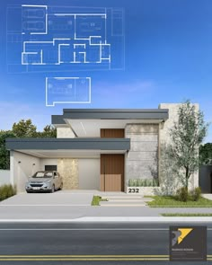 a car is parked in front of a house with blueprints on the walls