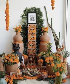 an arrangement of potted plants and flowers in front of a wall with pictures on it