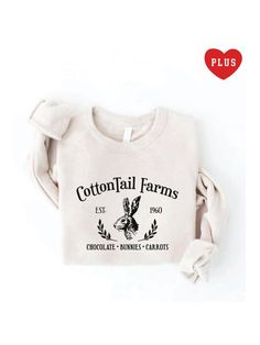 COTTONTAIL FARMS Graphic Sweatshirt Unisex Fleece Pullover Relaxed Fit. -Spun from plush sponge fleece fabric -Remarkably soft unisex pullover -Crew neck sweatshirt lends itself to daily wear and year-round layering. -Featuring ribbed cuffs and waistband, a crew neck, and fashion-forward fleece fabrication. Spring Cotton Logo Sweatshirt, Cozy Graphic Print Sweatshirt For Spring, Spring Cream Graphic Print Sweatshirt, Sports Graphic Print Fleece Sweatshirt, Fleece Graphic Print Sweatshirt Sportswear, Farm Women, Chocolate Bunny, Embroidered Design, Fleece Fabric