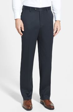 A clean flat-front cut defines sharp trousers fashioned from finely textured super 100s wool gabardine. Style Name:Berle Flat Front Classic Fit Wool Gabardine Dress Pants. Style Number: 463773. Available in stores. Gabardine Dress, Navy Chinos, Pants Outfit Men, Fitted Dress Pants, Men Suit, Mens Dress Pants, Pants Style, Trouser Style, Night Looks