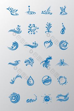 blue water icons on a white background with an image of waves and splashes in the middle