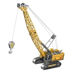 a yellow crane is being lifted by a hook on a white background with clippings