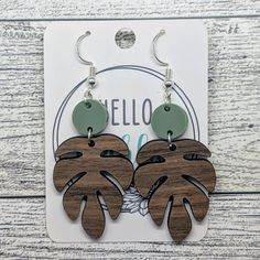 Made With 925 Sterling Silver Hooks, Sage Matte Acrylic And Walnut Wood. Dahlia Jewelry, Wood Earrings Plant, Wood Dinosaur Earrings, Nature-inspired Natural Wood Earrings For Gift, Earring Art, Monstera Leaf Earrings, Artisan Brown Wood Earrings, Laser Cut Earrings, Monstera Leaf