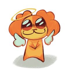 an orange cartoon character with angel wings and halo around his neck, wearing sunglasses on top of it's head