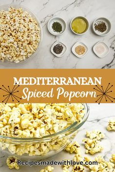 the ingredients for mediterranean spiced popcorn in bowls on a marble counter top with text overlay