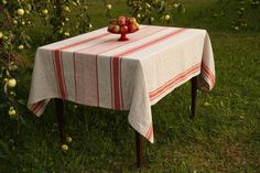 an apple tree with apples on top of it in the grass next to a table