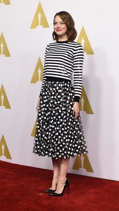 Pattern Mixing Outfits, Emma Stone Style, Rok Outfit, Glam Slam, Stripe Outfits, Dresses Outfits, Black And White Dress, Polka Dot Skirt, Dot Skirt