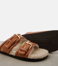 Find VALENTINO Fussfriend Shearling-lined Leather Sandals on Editorialist. Upper: calf leather. Lining: fabric. Sole: fabric insole, rubber sole. Toe shape: round open toe. Made in Italy. Includes: shoe box, dust bag. Designer color name: Almond Beige/Naturale. Hardware color: gold. Velvet Sandals, Latest Sandal, Caged Sandals, Brown Leather Sandals, Leather Sandals Women, Studded Leather, Metallic Leather, Lining Fabric, Shoe Box