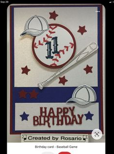 a baseball themed birthday card with the words happy birthday written in red, white and blue