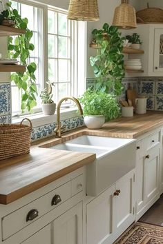 a kitchen filled with lots of white cabinets and wooden counter tops covered in potted plants