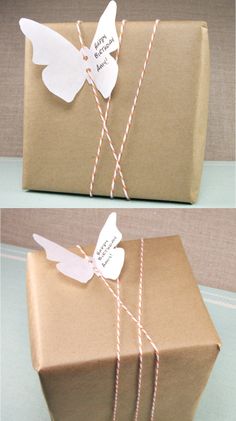 two pictures of brown paper bags with white tags and twine on them, tied together