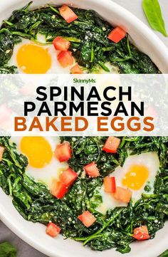 spinach parmesan baked eggs in a white bowl