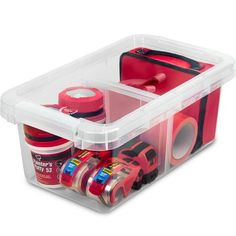 a plastic container filled with assorted items