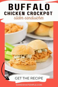 two chicken crockpot sliders with celery on the side and text overlay that reads buffalo chicken crockpot slide sandwiches