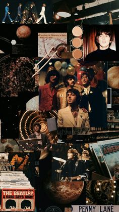 the beatles collage is shown with many different things on it, including pictures and posters