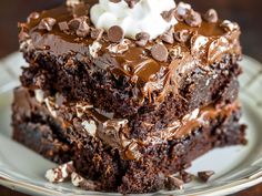 a piece of chocolate cake on a plate with whipped cream and chocolate shavings