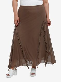 Channel grunge for spring in this maxi skirt! It's a light brown with diagonal ruffles  a lettuce hem and mesh overlay. Skirt is lined.97% rayon; 3% spandexWash cold; dry lowLength: 43"ImportedModel is 5'10"Model wears size 1 Maxi Skirt Plus Size, Plus Size Hot, Ruffle Maxi Skirt, Skirt Plus Size, Overlay Skirt, Lettuce Hem, Mesh Overlay, Hoodie Girl, Hot Topic