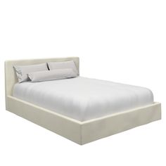 a white bed with two pillows on top of the headboard and bottom foot board