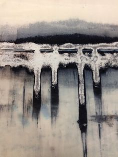 an abstract painting with black and white lines on the water's edge in front of a gray sky