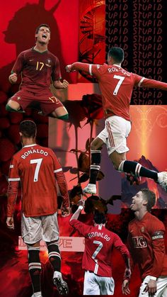 two soccer players collaged in front of a red background