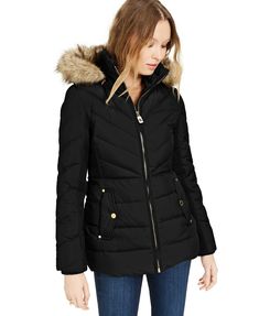 $280 Michael Kors Down Feather Fill Coat Zip-detachable hood with toggle drawstring and faux fur trim Funnel collar Chevron-quilted front bodice, back bodice and long sleeves Front zip closure with logo zip pull Smocked insets at sides and sleeves Faux front snap-flap pockets with functional slit pockets Logo hardware on sleeve, rib-knit cuffs Lined, filled Shell & lining: polyester; knit trim: acrylic; faux fur trim face: modacrylic/acrylic; faux fur trim back: polyester; body fill: down/ water Michael Kors Jacket, Coat Puffer, Pajama Romper, Hooded Faux, Down Puffer Coat, Unisex Baby Clothes, Coat Design, Detachable Hood, Set Outfit