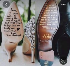 two wedding shoes with words written on them