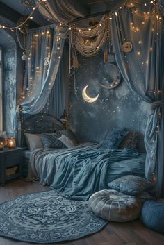 a bedroom with blue walls, curtains and lights on the ceiling is lit up by string lights