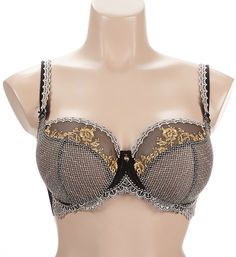 This underwire bra is a lingerie must-have! Seamed cups are sheer mesh with golden floral embroidery and contrast fishnet overlay. Lace trim highlights neckline, underband, and straps. Charming leaf pendant is sewn into top center. Unlined (unpadded) underwire cups shape and support your breasts. Angled and vertical seams maintain cup shape. Cups are sheer mesh with floral embroidery at top and fishnet pattern at bottom. Alluring plunge neckline features scalloped lace trim. Arched center panel Elegant Mesh Bra With Padded Cups, Elegant Fitted Gold Bra, Fishnet Pattern, Plunge Neckline, Scalloped Lace, Leaf Pendant, Underwire Bra, Plunging Neckline, Floral Embroidery