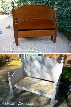 before and after photos of a bench made from an old bed frame, then upcycled into a bench