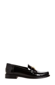 An oversized double-Gancio bit tops this elevated take on the prepster-classic loafer crafted of glossy spazzalato leather and set on a stacked heel. Leather upper, lining and sole Made in Italy Designer Shoes Classic Patent Leather Loafers With Buckle Closure, Patent Leather Slip-on Loafers With Buckle, Slip-on Patent Leather Loafers With Buckle Closure, Patent Leather Buckle Closure Slip-on Loafers, Elegant Patent Leather Loafers With Buckle Closure, Office Patent Leather Loafers With Buckle Closure, Bit Loafers, Loafer Women, Stacked Heel