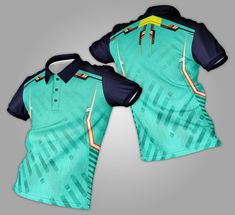 two green polo shirts with blue and yellow designs on them, one is folded up to the side