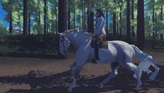 a man riding on the back of a white horse through a forest filled with trees