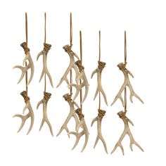 six white antlers hanging from strings in the shape of men's hands and legs